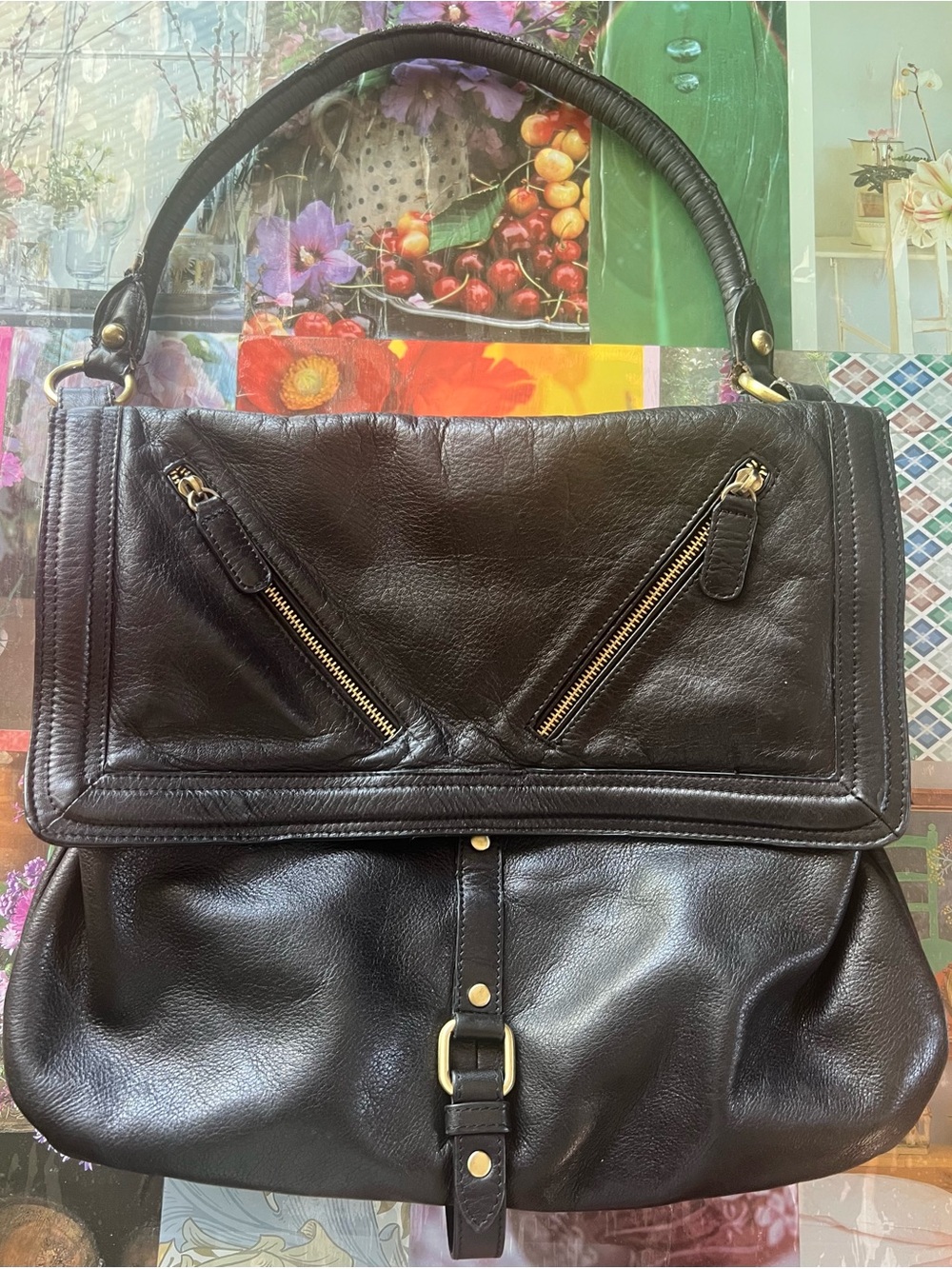 Sabina Black Leather Shoulder Bag with Gold Hardware